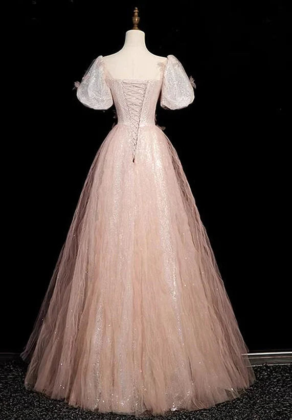 Vestido de fiesta largo de tul con lentejuelas y mangas cortas en color rosa